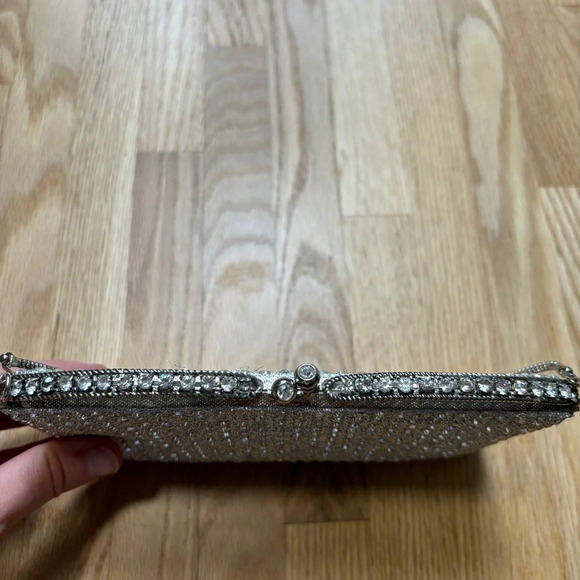 Silver Mini Bag Evening Purse Diamond Bedazzled Short Handle Clutch - Picture 3 of 5